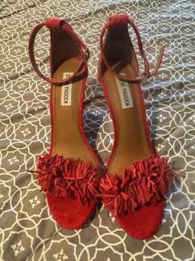 Steve Madden Red Suede Fringe Ankle-Strap Heels